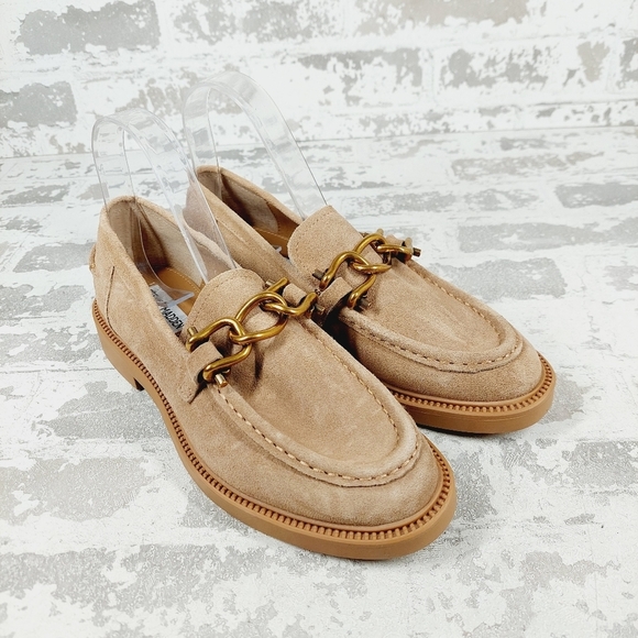 New Steve Madden Karmine Gleaming Tan Suede Goldtone Hardware Loafer W936 - Picture 4 of 12